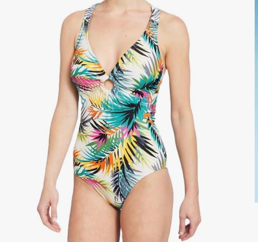 Shade & Shore Tropical Plunge Ring One Piece Swimsuit Colorful NEW Size Large